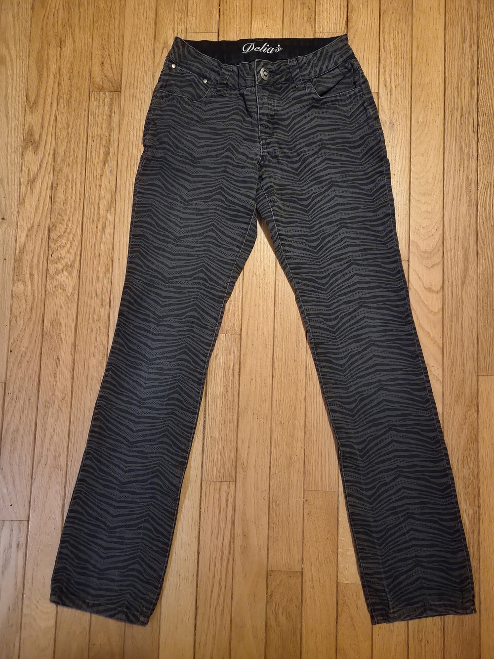 dELiA*s Zebra Print Pants Size 3 Black Gray Stretch Denim Y2K Animal Print